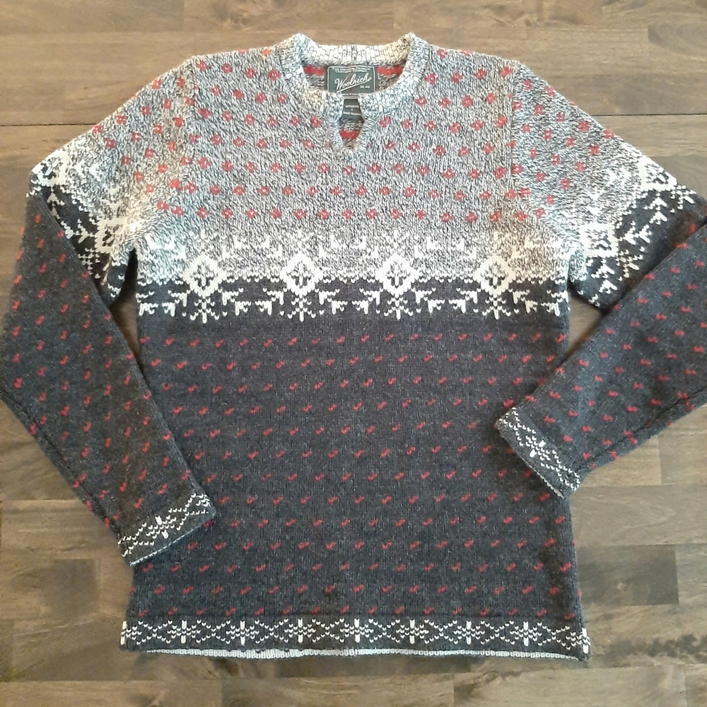 ☃️Vintage Woolrich  Gray & Red Fair Isle Wool Sweater Small